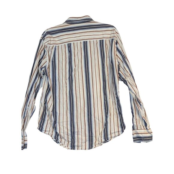 Bke67 Striped Long Sleeve "pearl" snap Shirt L Beige Blue Red Cotton - Picture 7 of 7